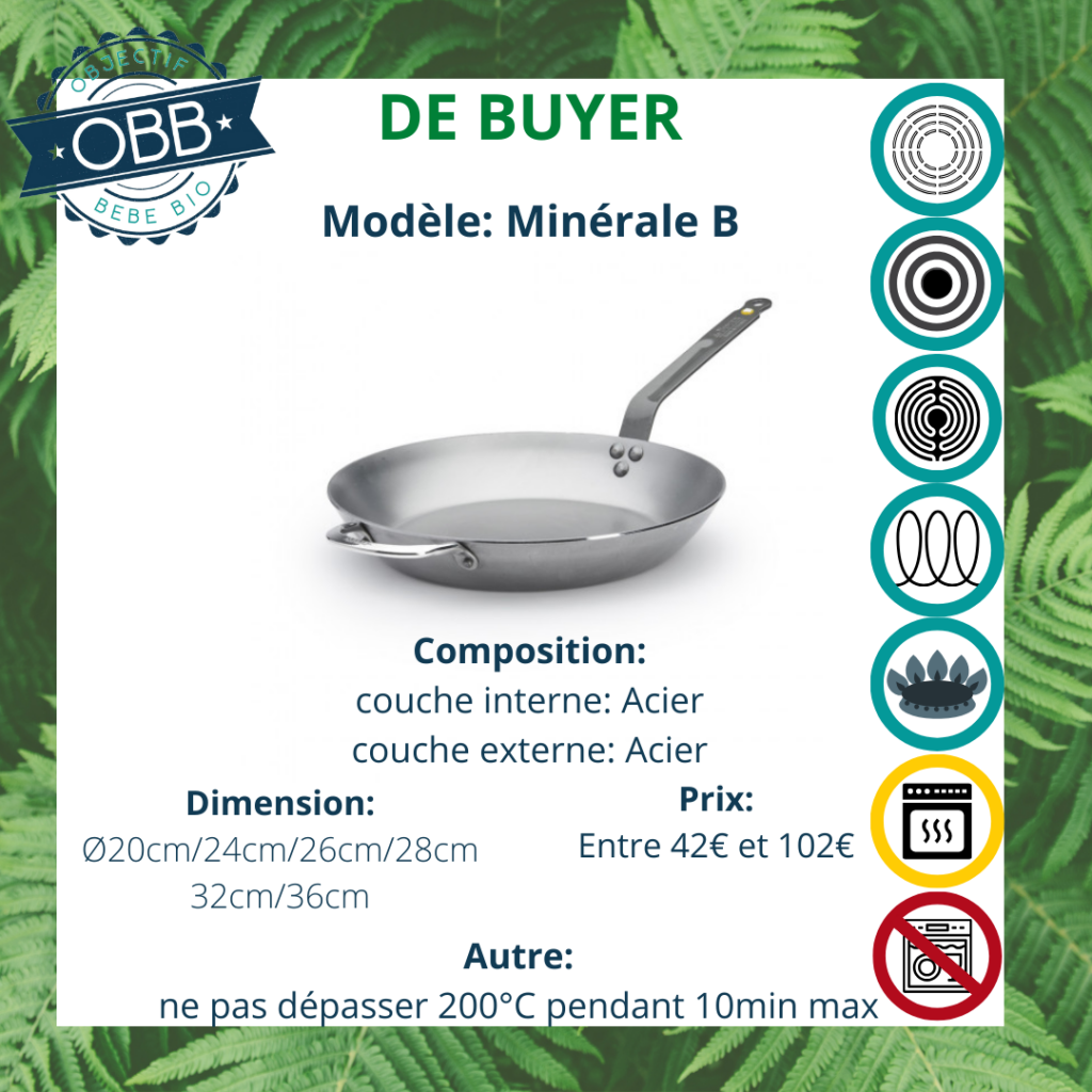 Poêle minérale B, poêle en acier De Buyer avec poignée et également une anse fixes. Compatible avec tous types de feux. Incompatible cependant avec le lave vaisselle.